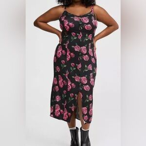 Torrid Floral Black Tea Length Stretch Challis Lace-Up Slip Dress